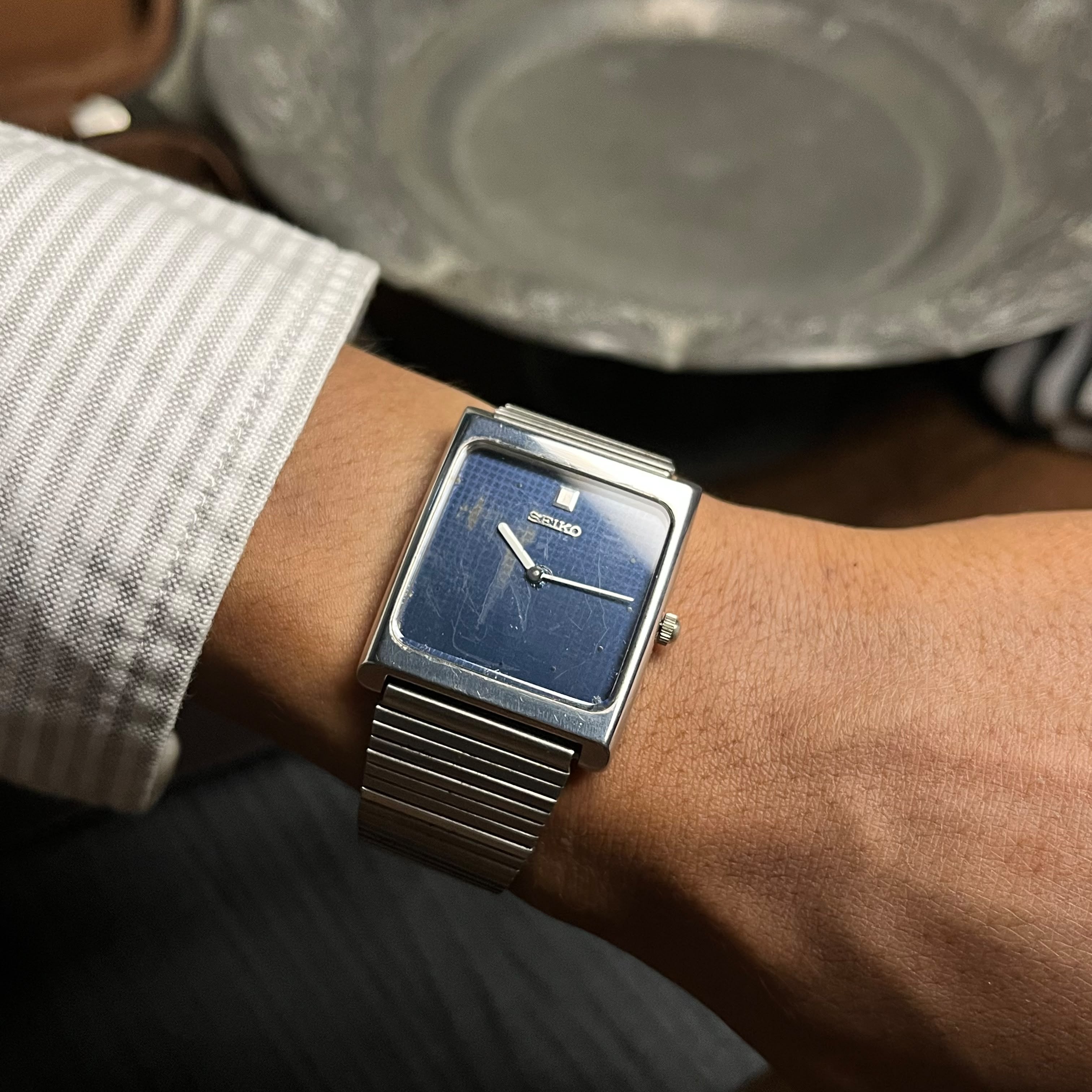 Seiko Chariot Rectangular Shiruken Patina DeepBlue Dial 1980's Galeri 1